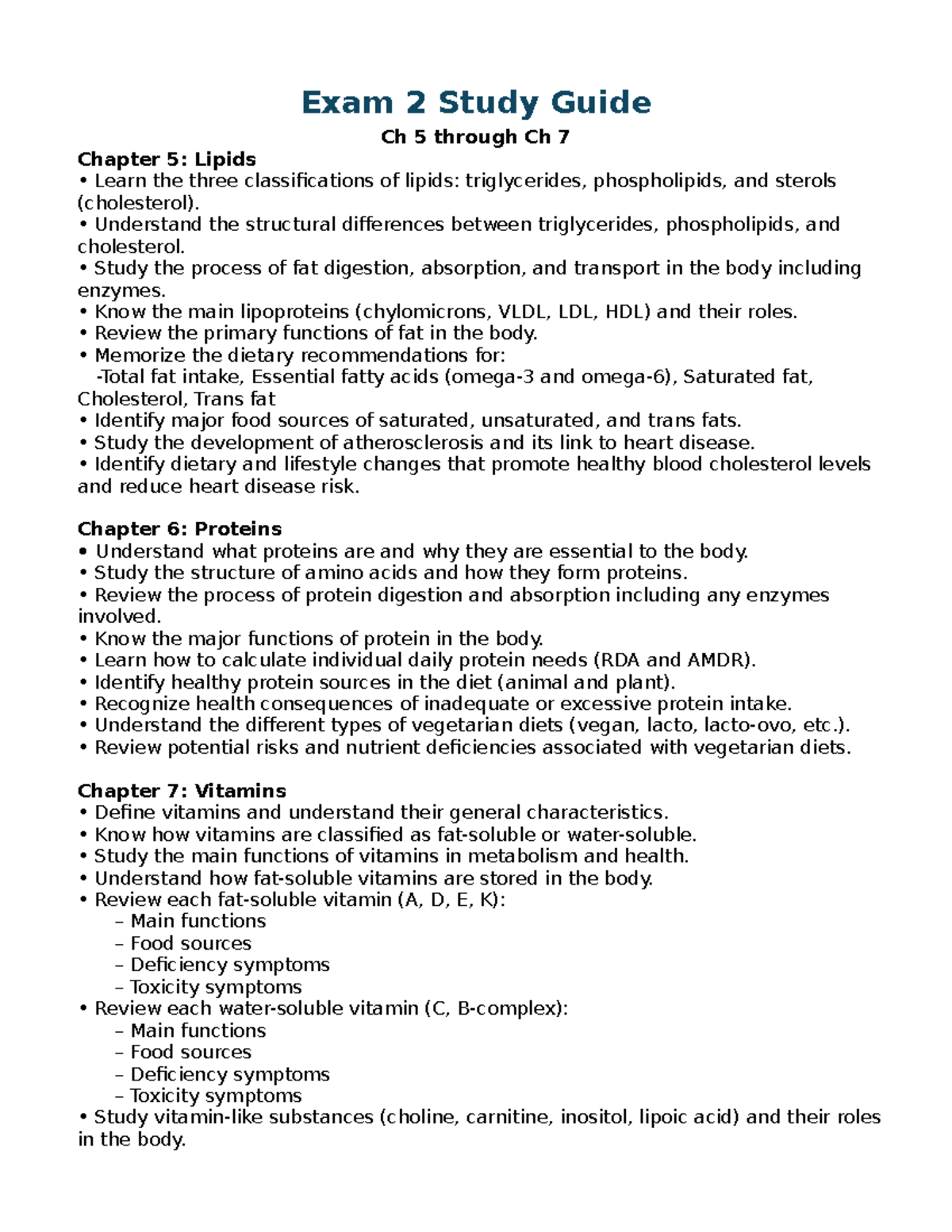 Exam 2 Study Guide: Lipids, Proteins, and Vitamins (Ch 5-7) - Studocu