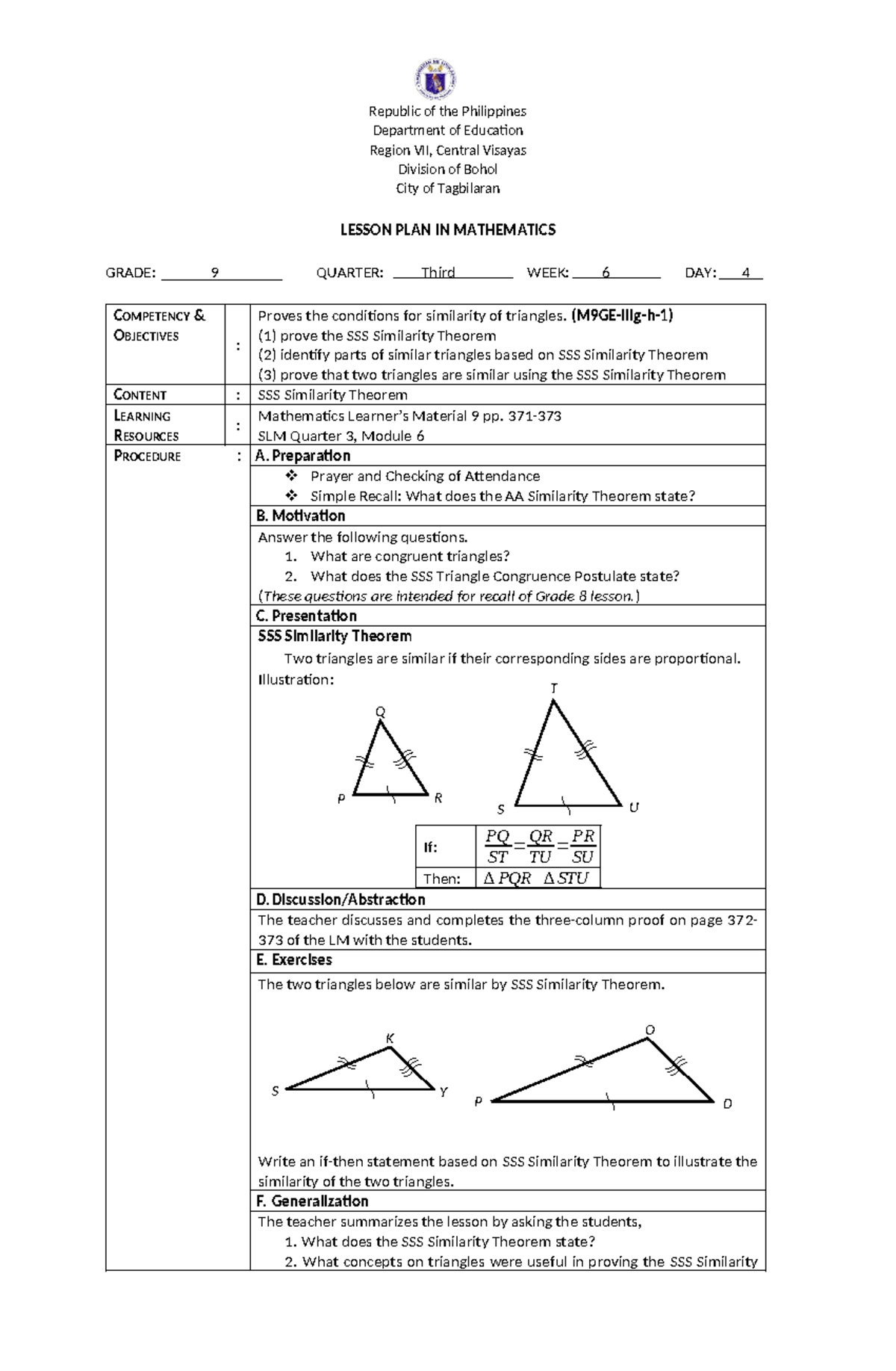 3rd Q Wk6 Day4 Prototype Lesson Plan in Math9 - Republic of the ...