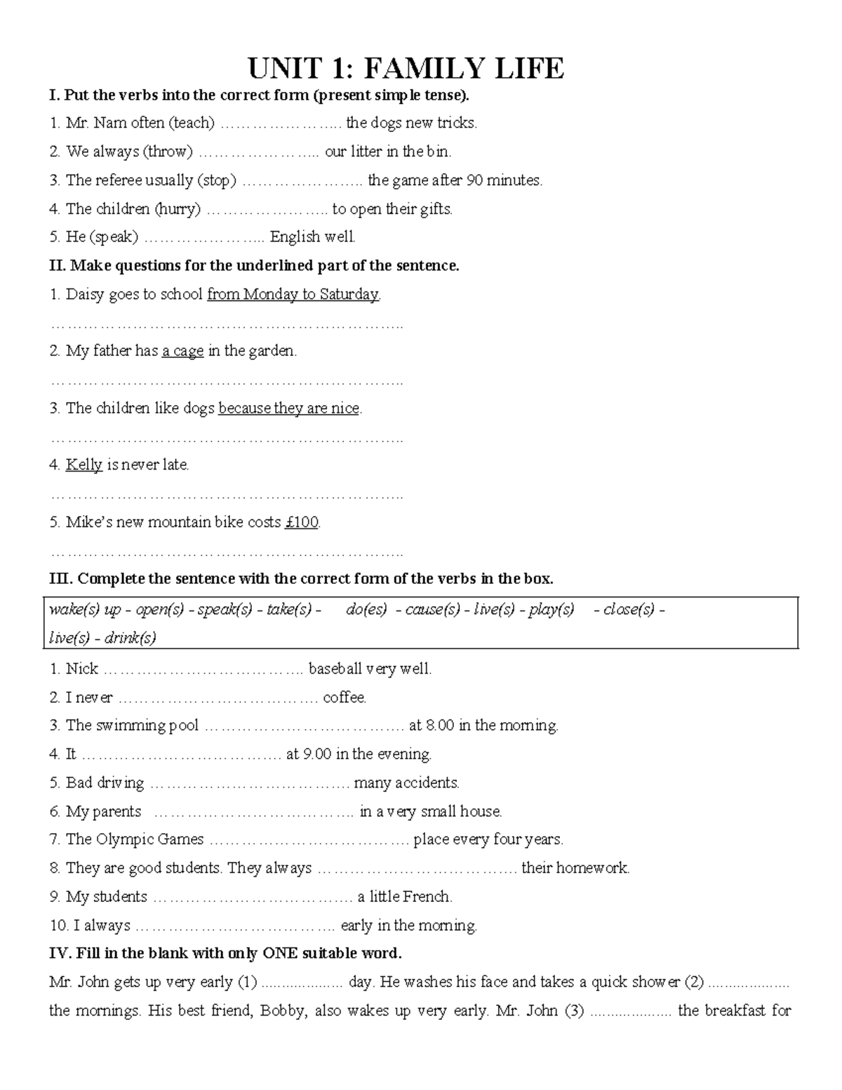 UNIT 1: FAMILY LIFE I - Present Simple Tense Exercises and Notes - Studocu