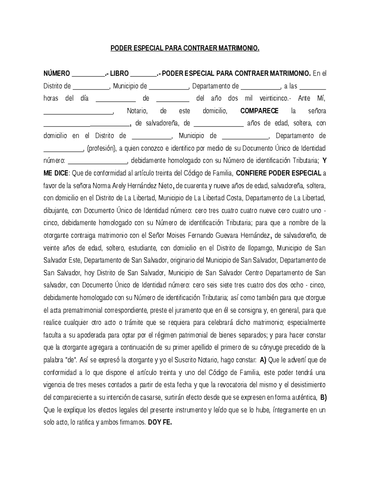 Poder Especial para Contraer Matrimonio - Documento Legal 2025 - Studocu