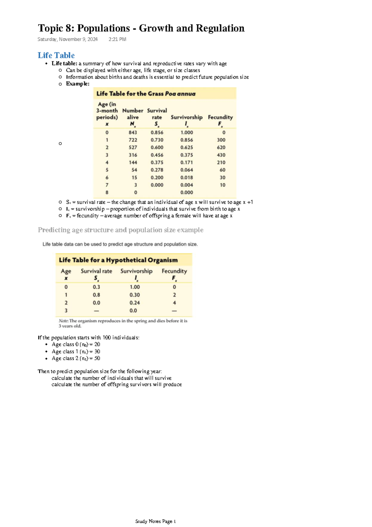 Ecology (BIOLOGY 2483A) Topic 8 - Life Table Life table: a summary of ...