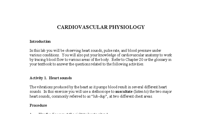 Cardiovascular Physiology Lab Report (LAB 101) with Observations and ...