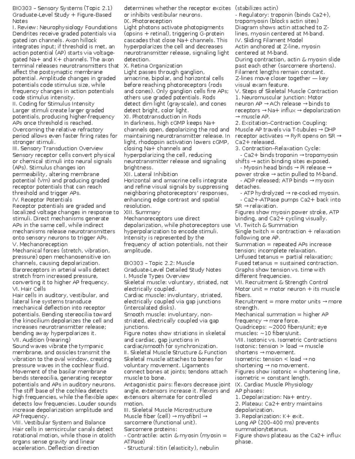 BIO303 Exam 2 Cheat Sheet: Sensory, Muscle, and Circulatory Systems ...