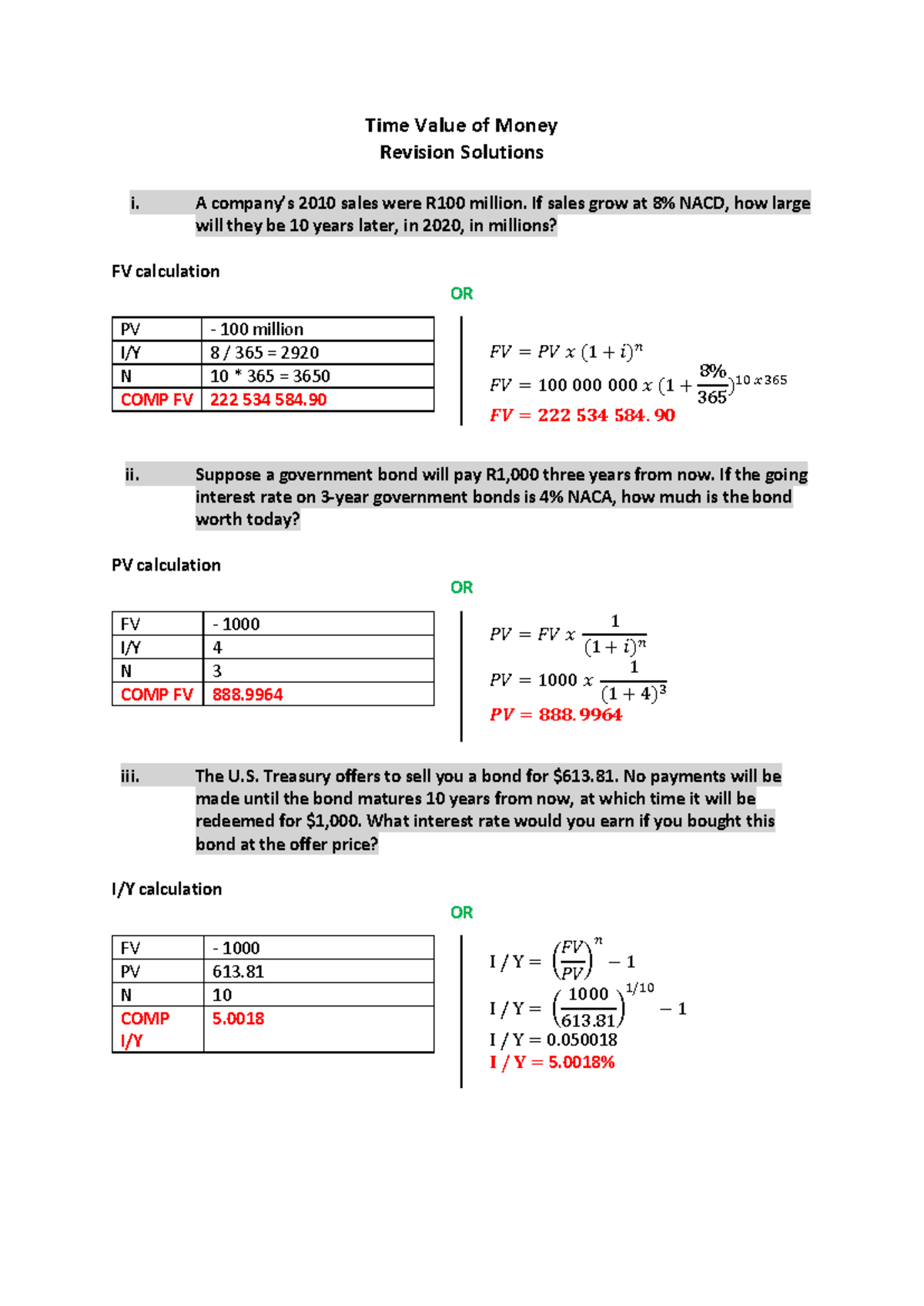 Time Value of Money Revision Solutions (FIN 101) - Studocu