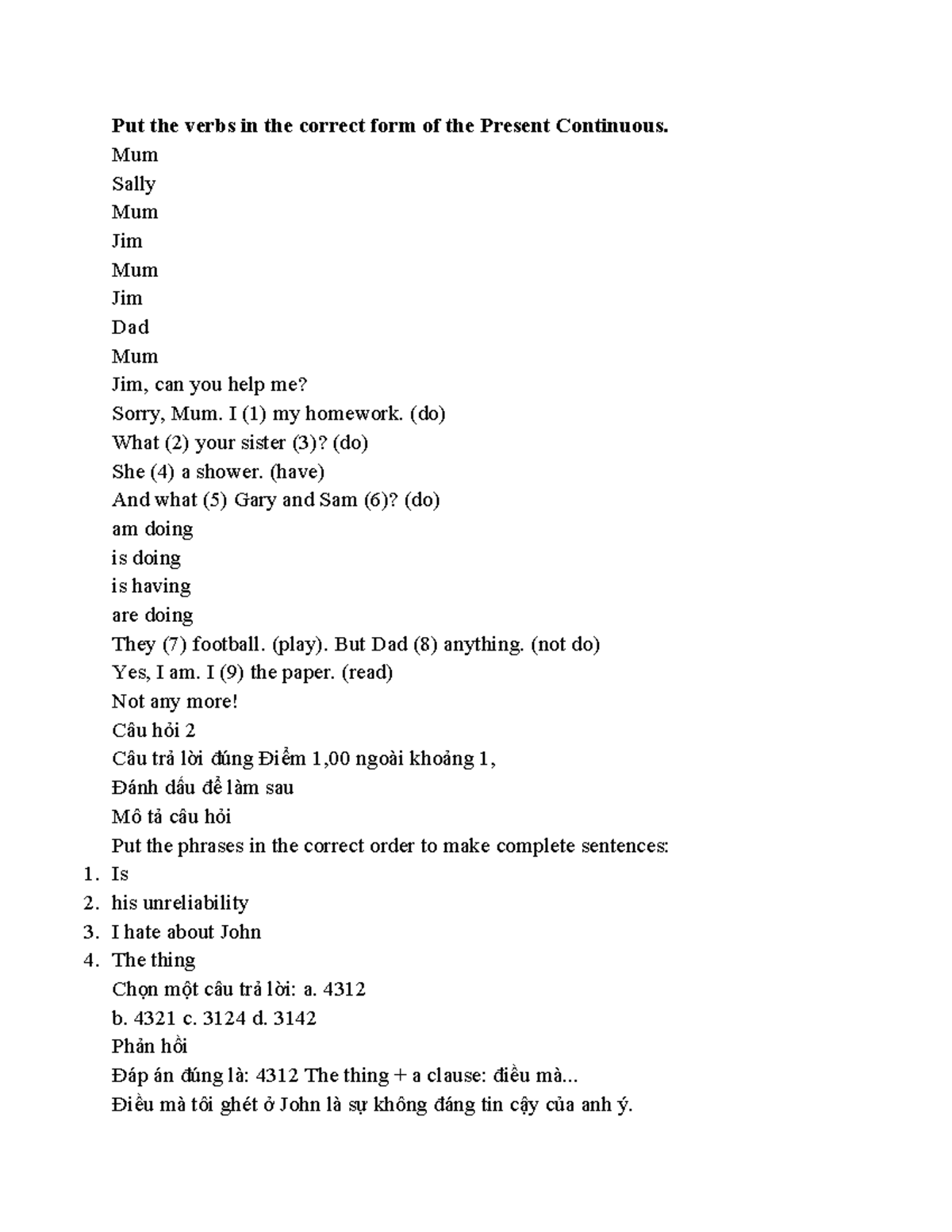 Present Continuous and Sentence Structure Exercises (VIẾT 1 - ok 2022 ...