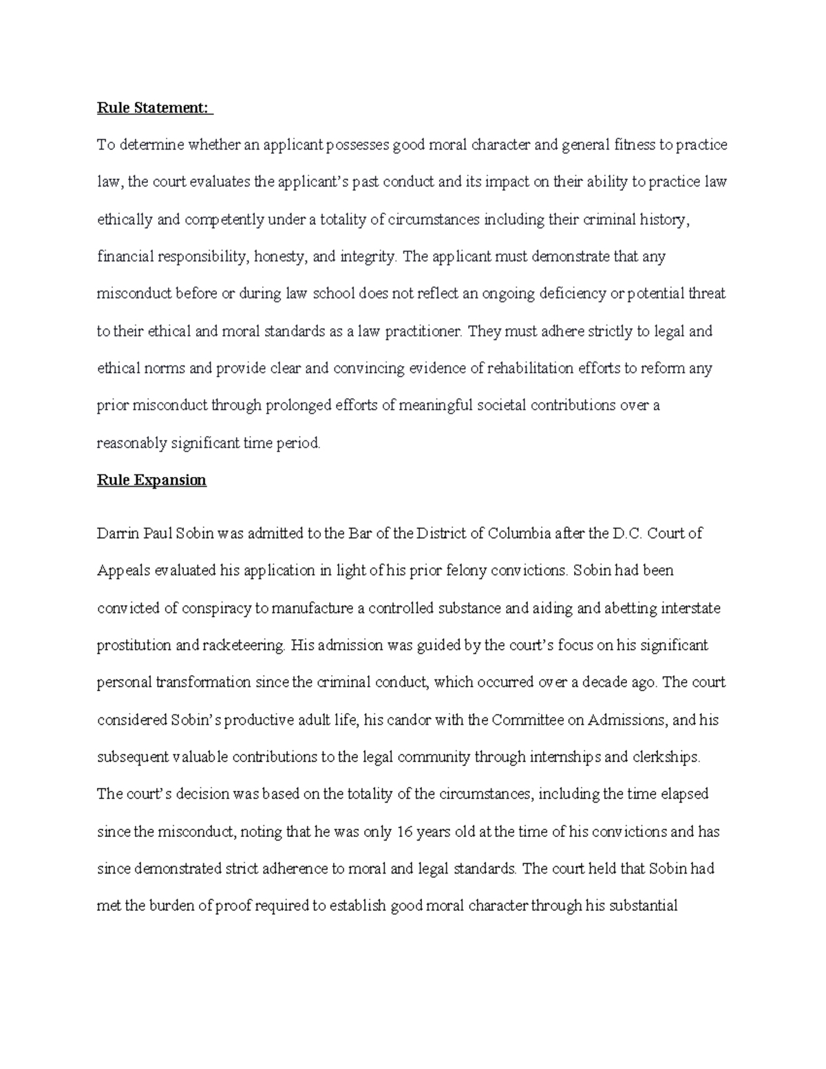 Case Synthesis LSS 4B - Evaluating Moral Character for Bar Admission ...
