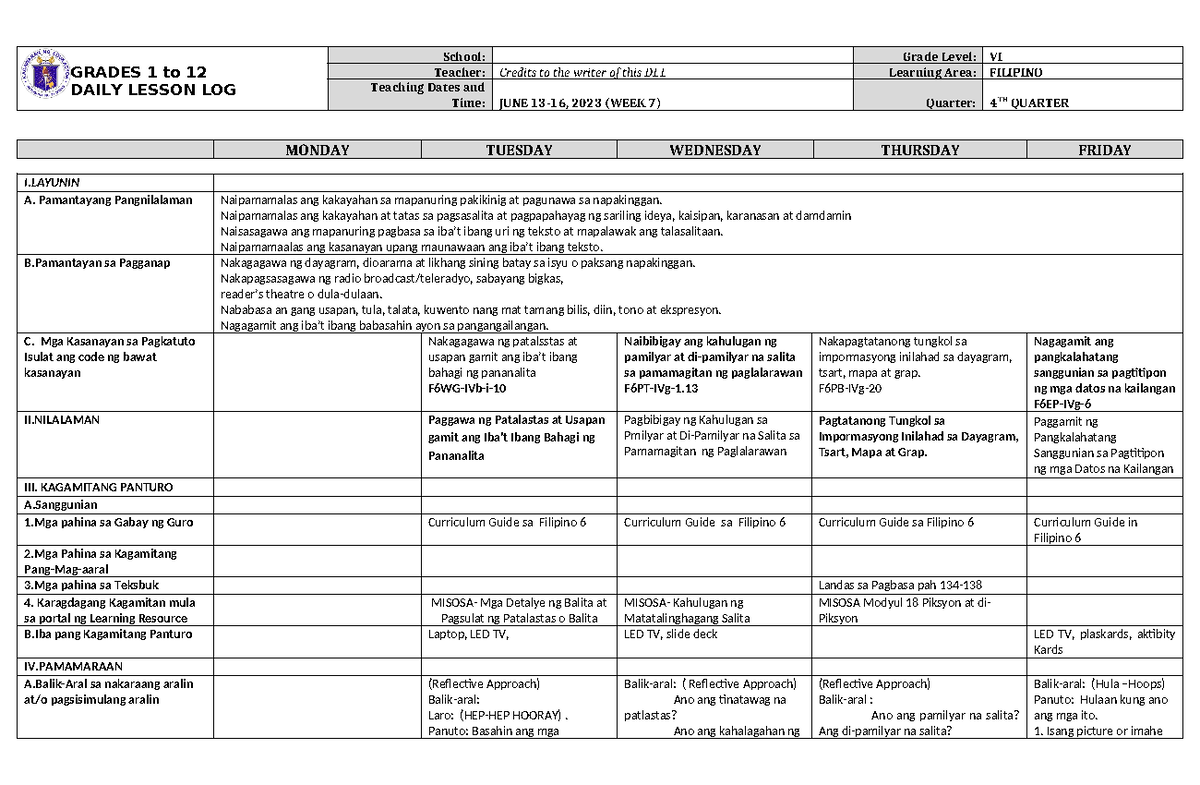 DLL Filipino 6 Q4 W7: Daily Lesson Log for Grades 1-12 - Studocu