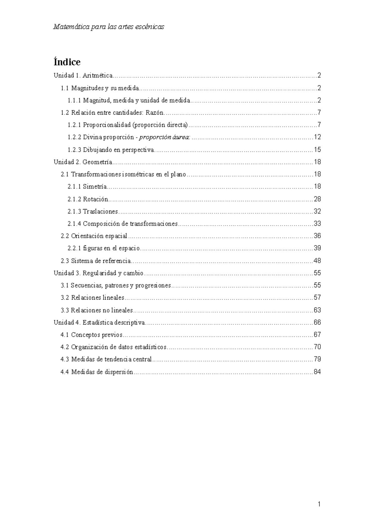 MAT36 Matemáticas para las Artes Escénicas - Índice y Contenidos del Parcial - Document Preview