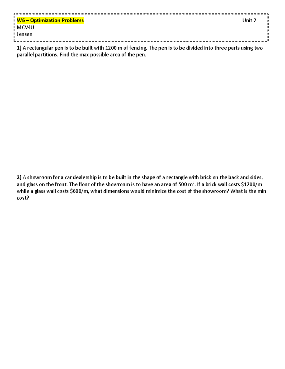 W6 Optimization Problems MCV4U - Max Area & Min Cost Solutions - Studocu