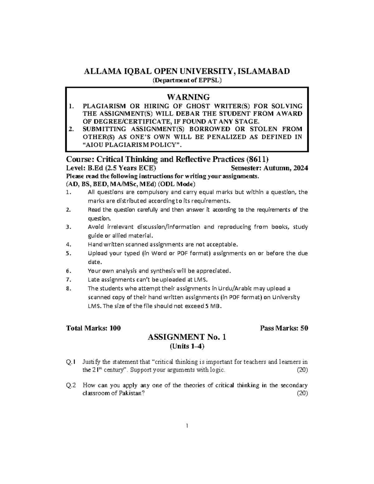 Guidelines for Assignment Submission in Critical Thinking (8611) - B.Ed ...