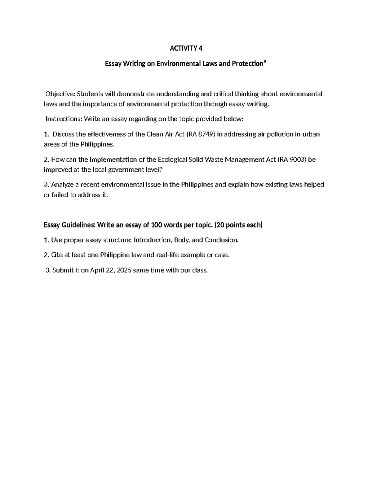 ACTIVITY 4: Essay on Environmental Laws (RA 8749 & RA 9003) - Studocu