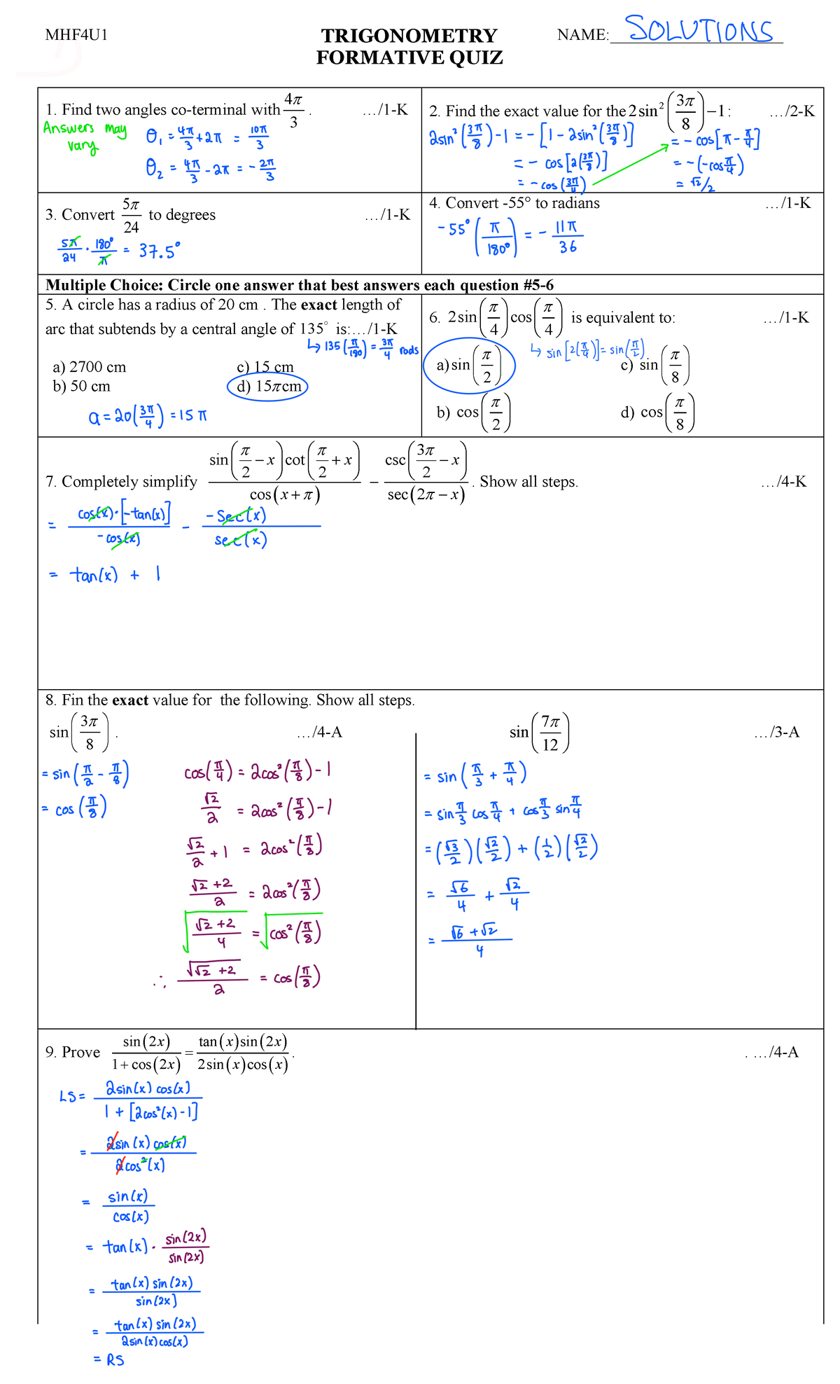 MHF4U Final Formative Quiz 2 on Trigonometry - Studocu