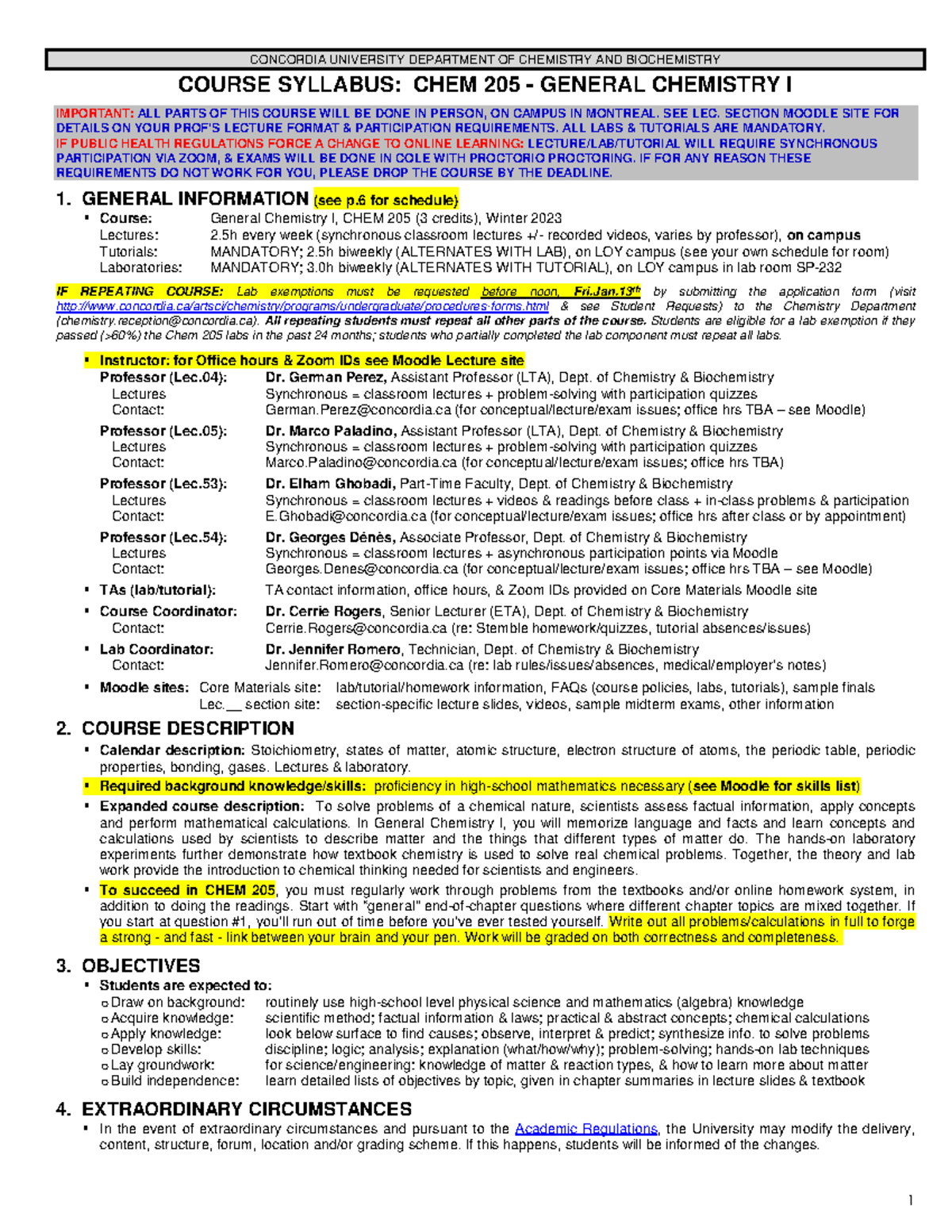 Chem 205 - General Chemistry I Syllabus Winter 2023 Overview - Studocu