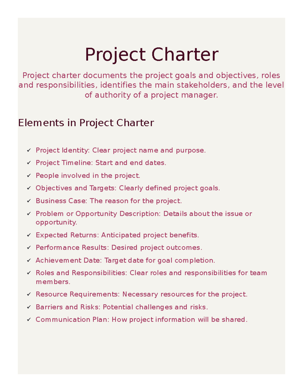 Project Charter Roles And Responsibilities