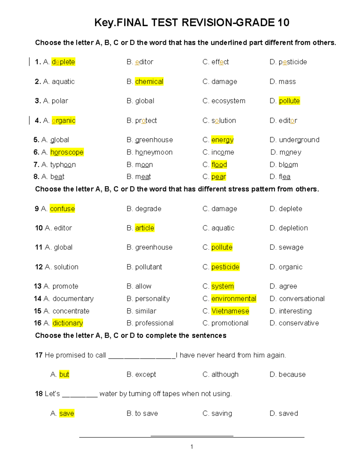 Decuong HK2 - hello - Key TEST REVISION-GRADE 10 Choose the letter A, B ...