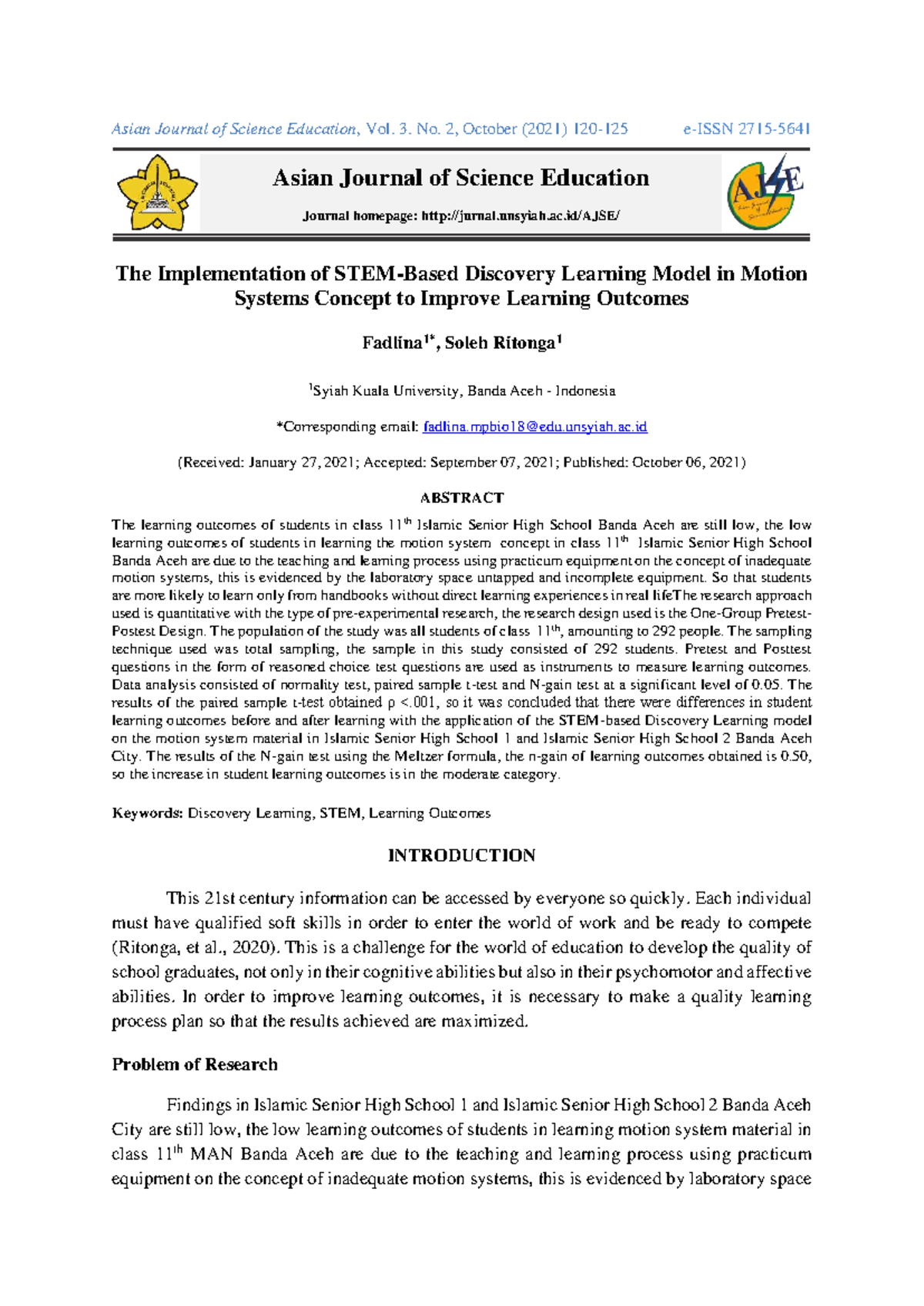 Implementation of STEM-Based Discovery Learning in Motion Systems (XI ...