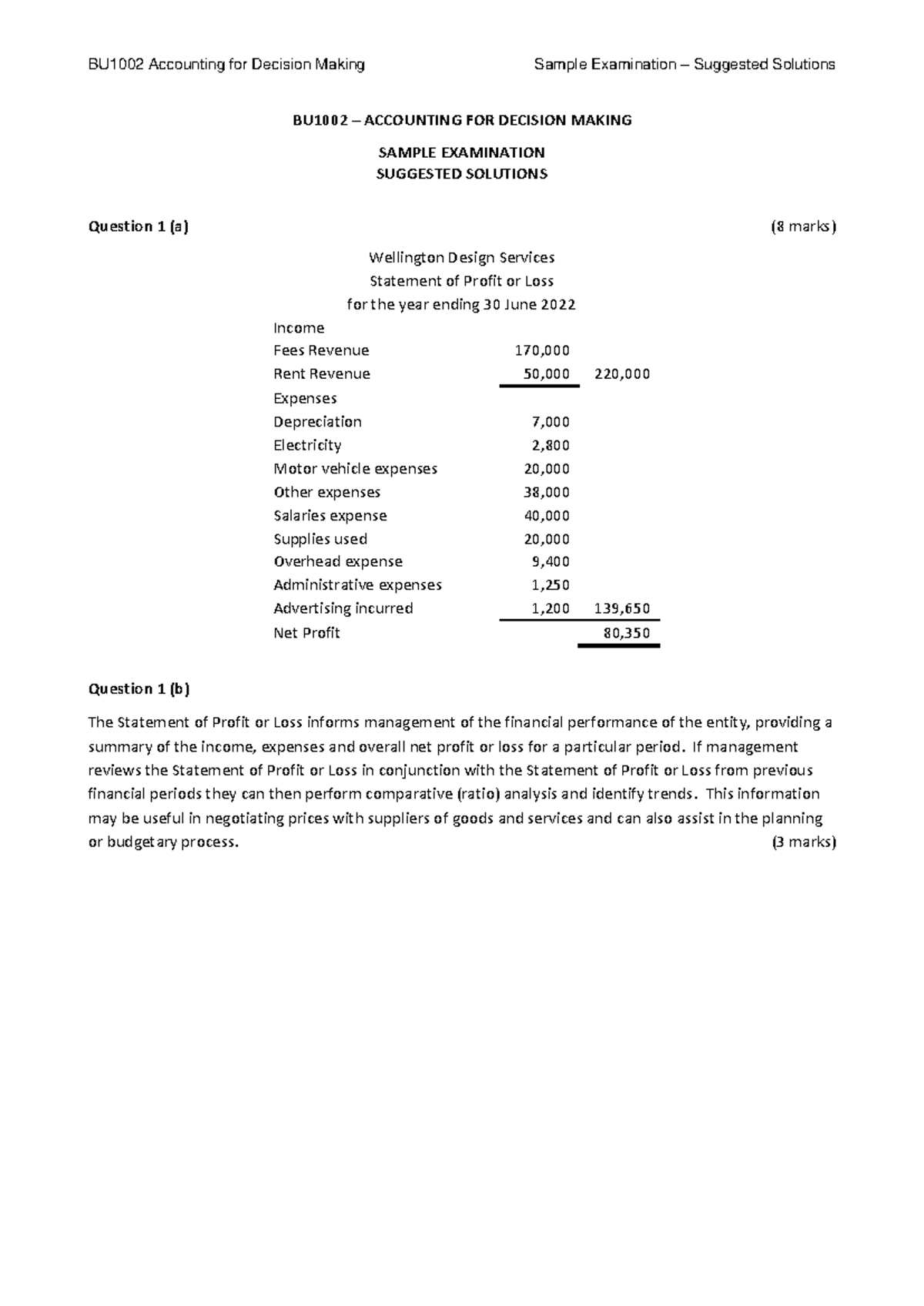 BU1002-Sample Examination- Solutions - BU1002 – ACCOUNTING FOR DECISION ...