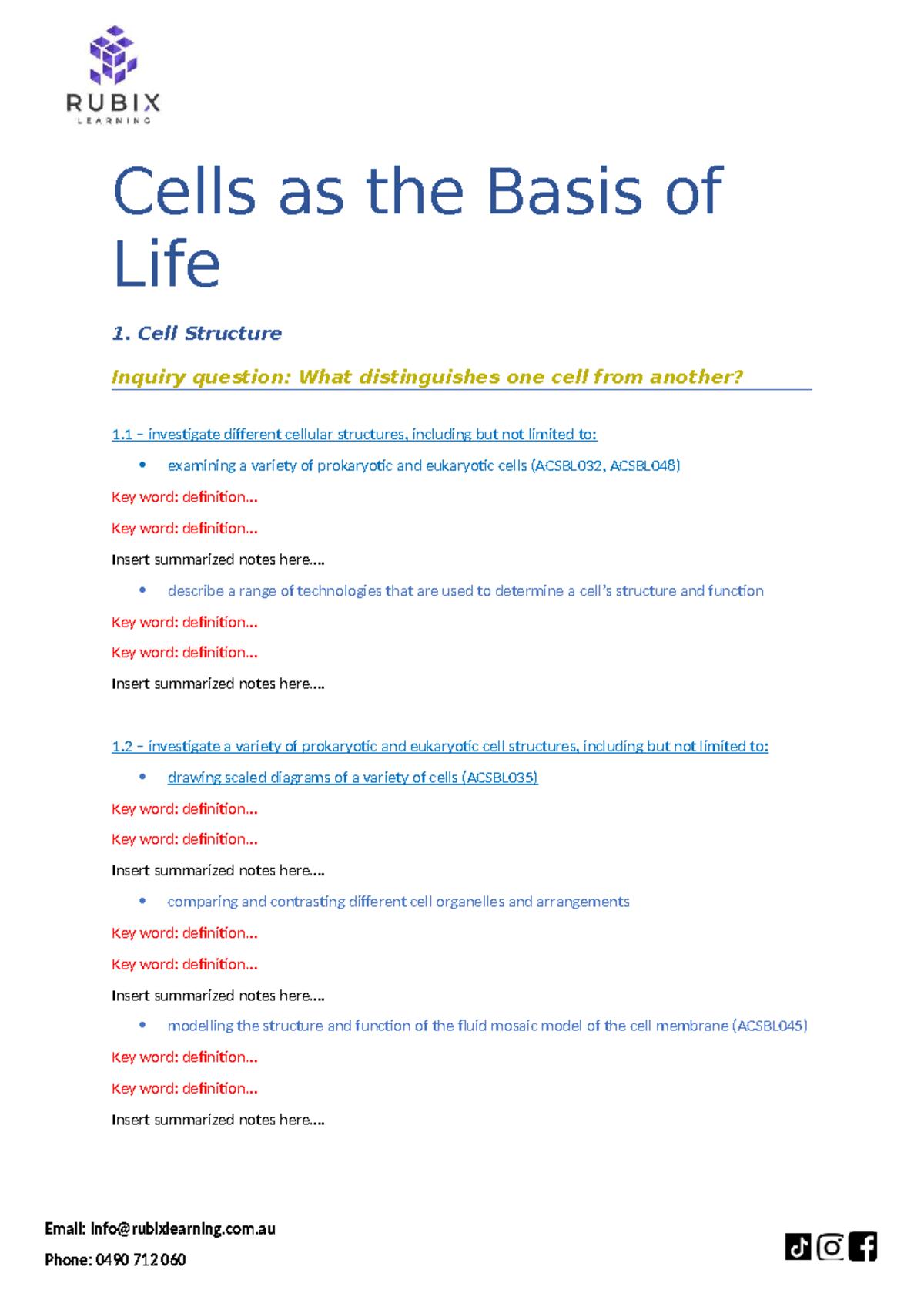 Year 11 Biology Notes Template: Cells, Functions & Ecosystem Dynamics ...