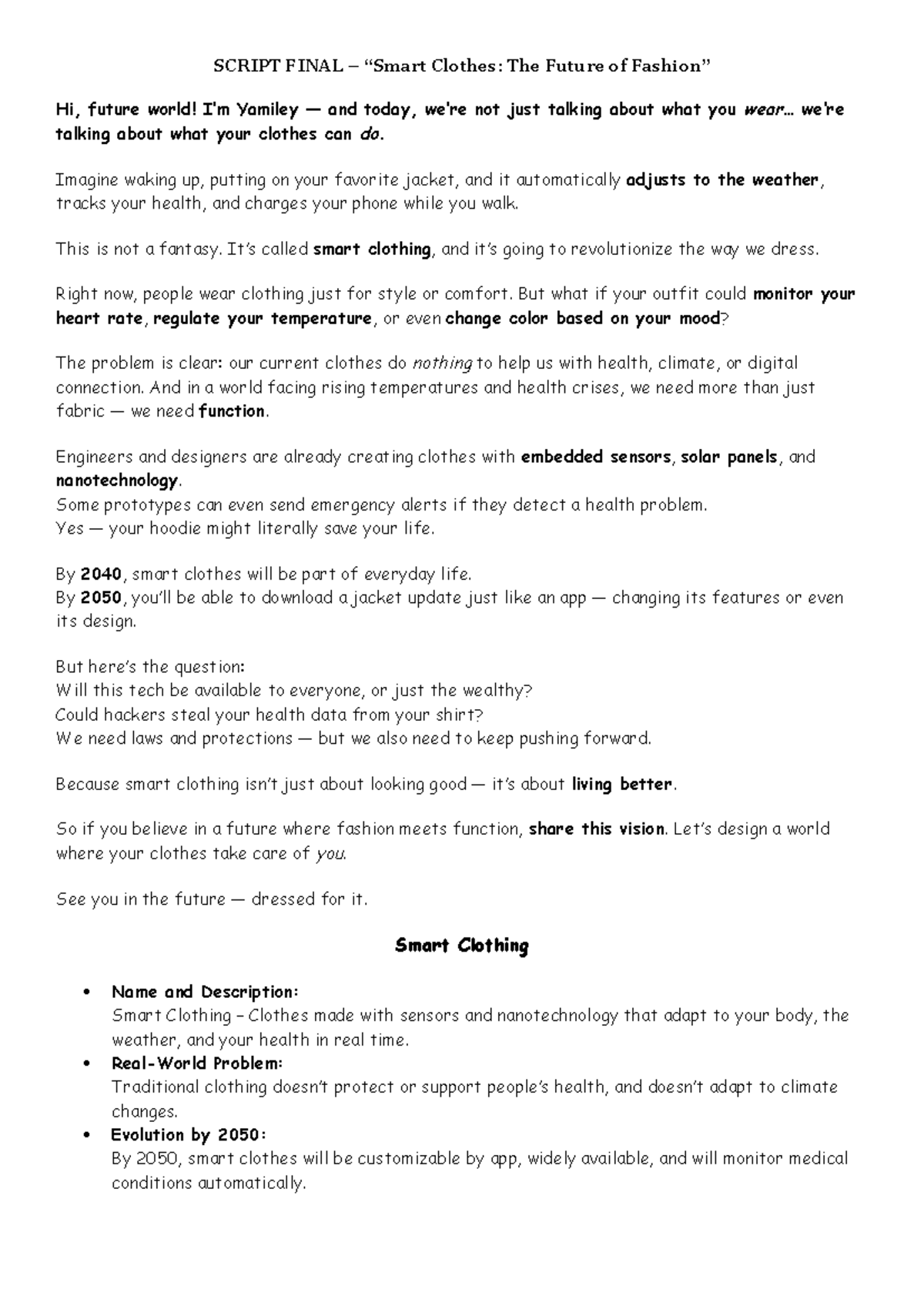 SCRIPT FINAL: The Future of Smart Clothing and Its Impact - Studocu