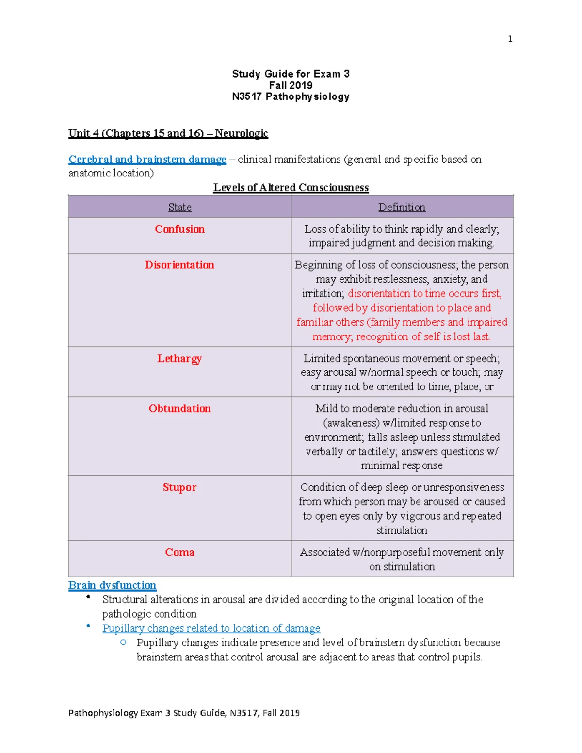 N3517 Pathophysiology Study Guide for Exam 1 - Fall 2024 - Studocu