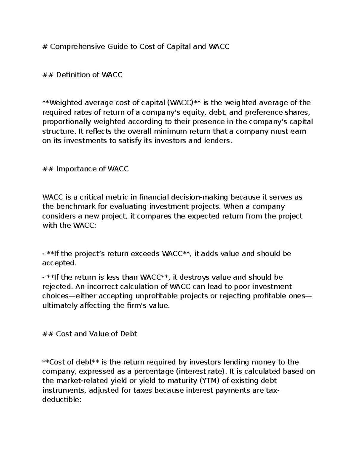 Comprehensive Overview of Cost of Capital & WACC Principles - Studocu