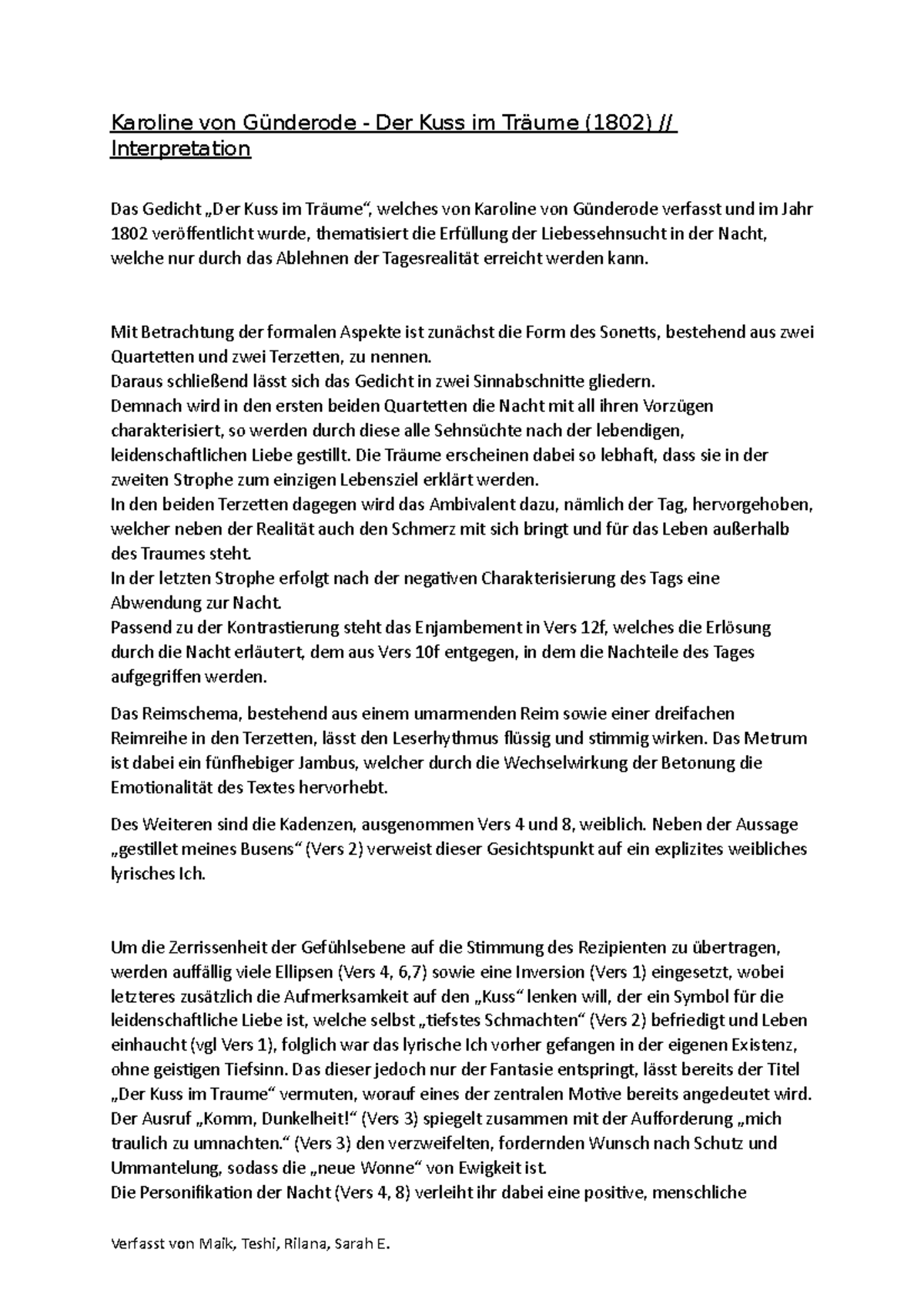 Interpretation Karoline von Günderode, der Kuss im Traume - Karoline