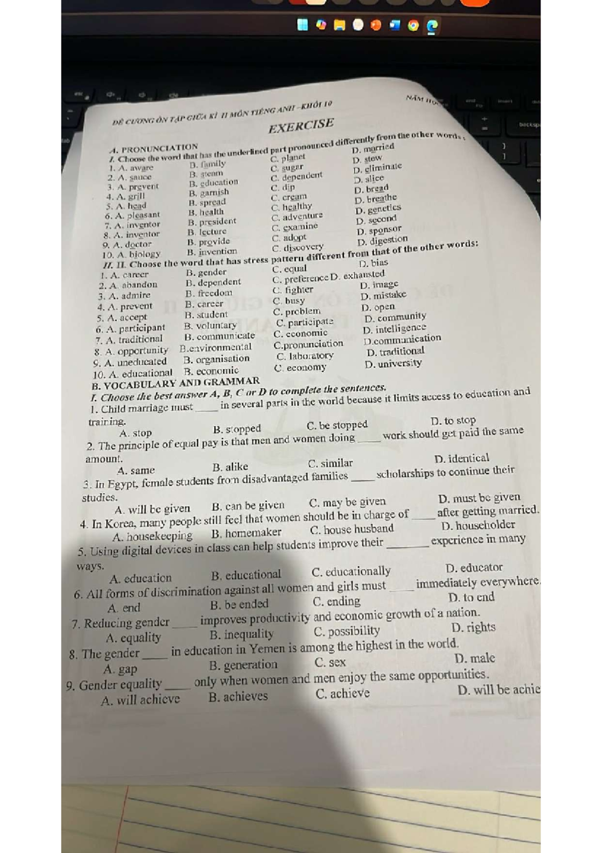 Midterm 2: Vocabulary and Grammar Exercises for English Class - Studocu