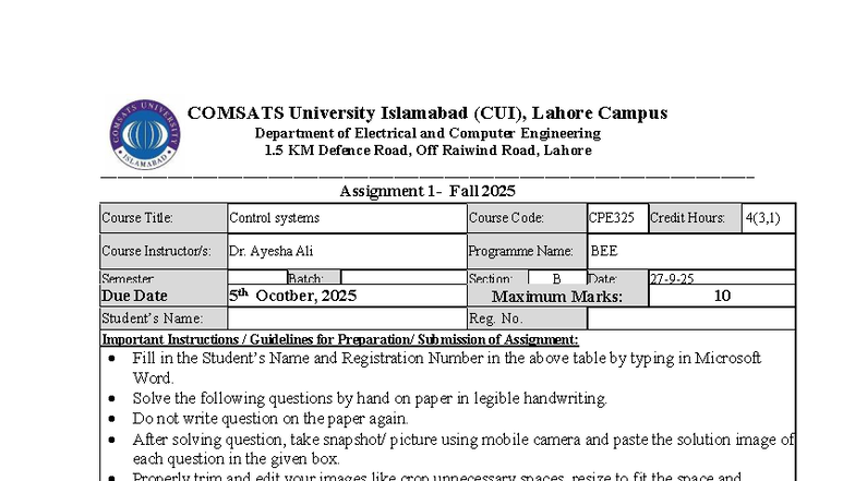 CPE325 Assignment 1: Control Systems Analysis - Fall 2025 - Studocu