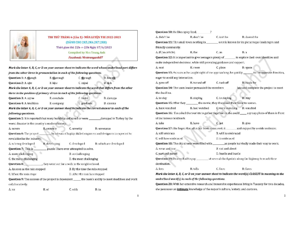 Quiz: English Language Proficiency Questions (THI THÁNG 6) - Studocu