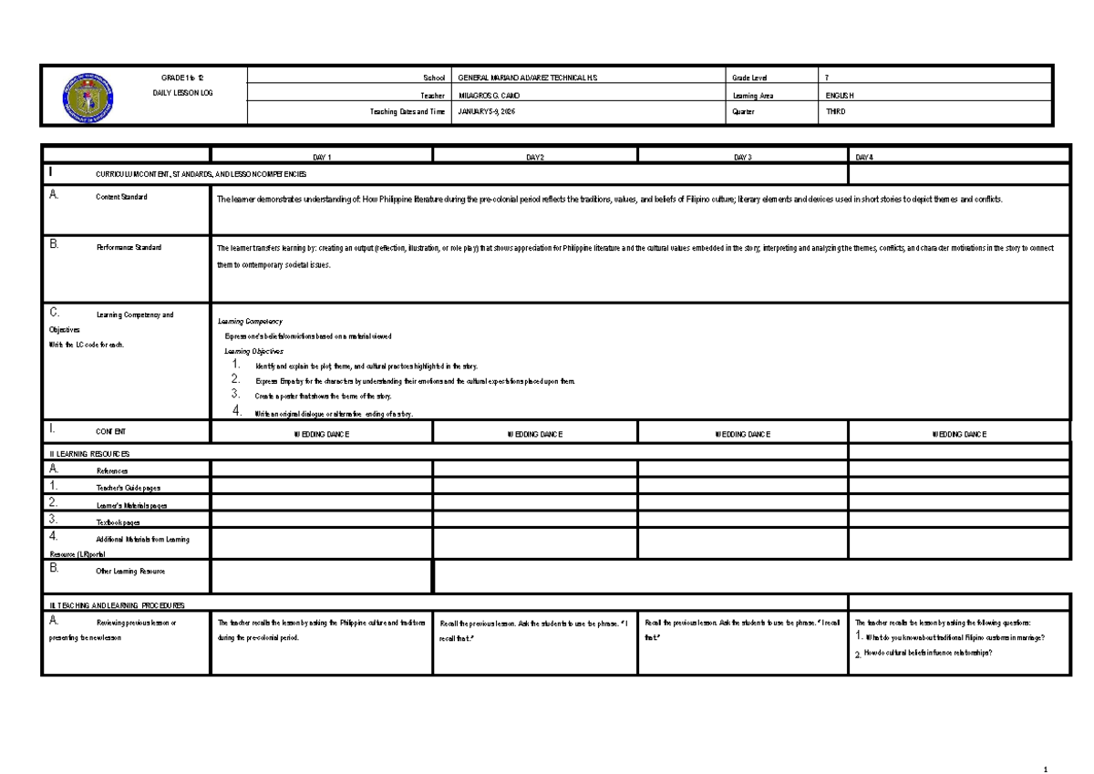 Grade 7 Daily Lesson Log: English - Wedding Dance (January 2026) - Studocu