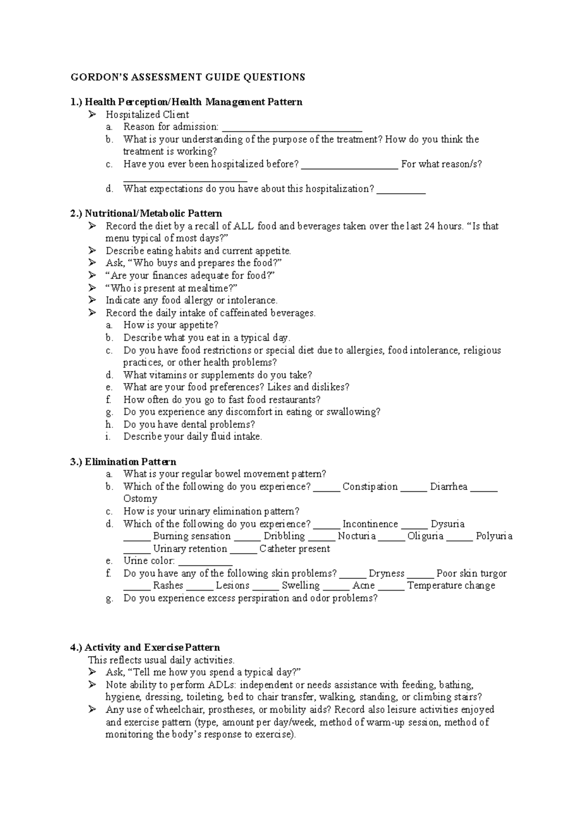 Gordon's Health Assessment Questions: Comprehensive Guide - Studocu