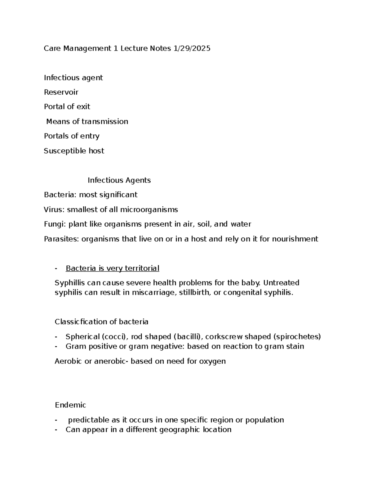 Care Management 1 Lecture Notes: Infectious Agents Overview - Studocu