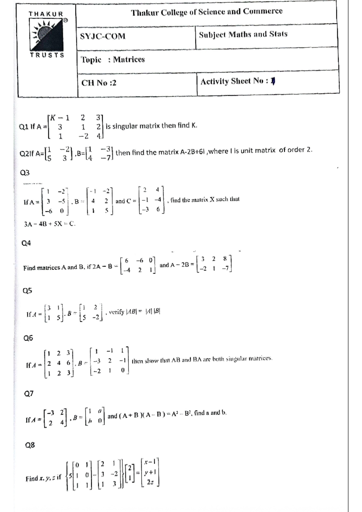 Matrices 1 worksheet - City in our midst - THAKUR Thakur College of ...