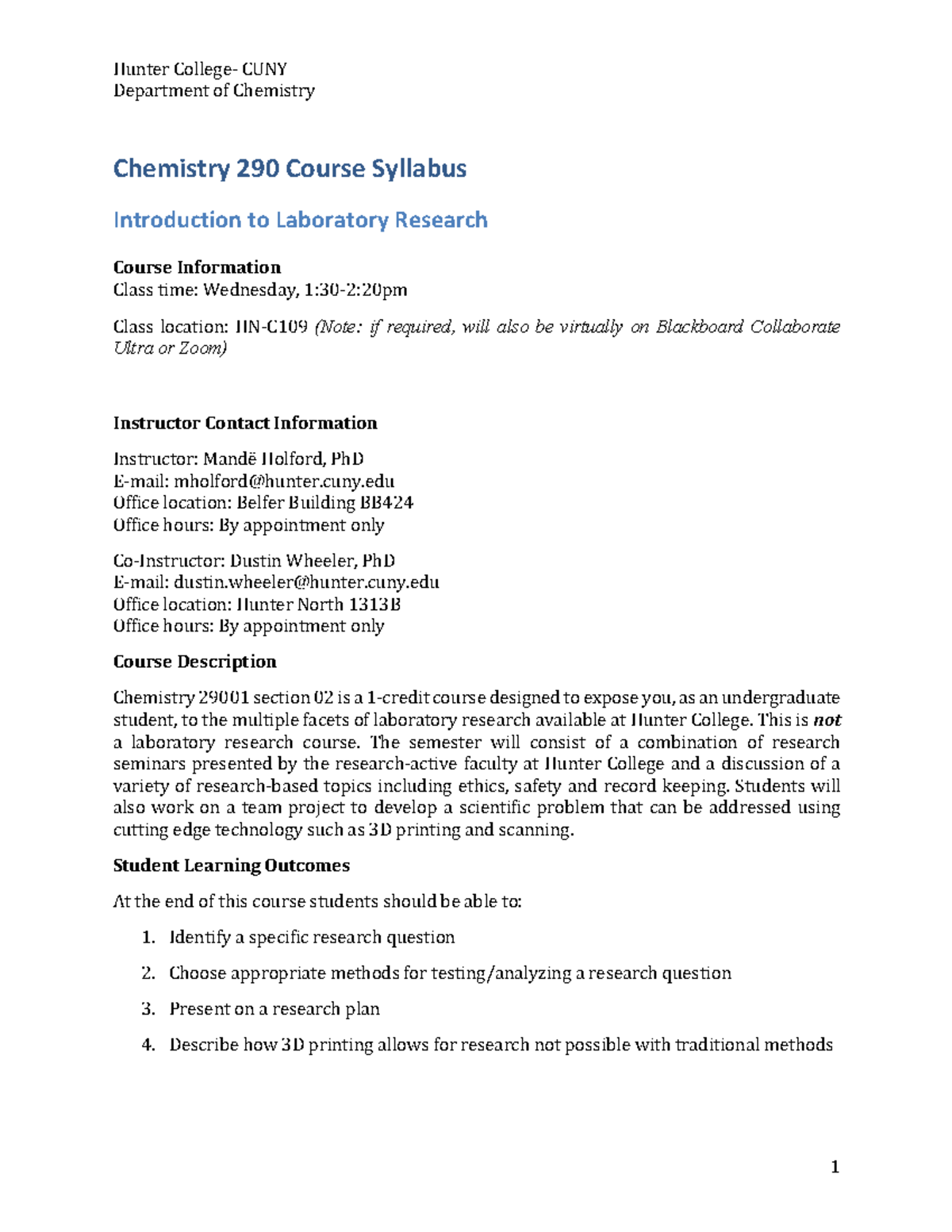 Syllabus CHEM290 S2023 - Department of Chemistry Chemistry 290 Course ...