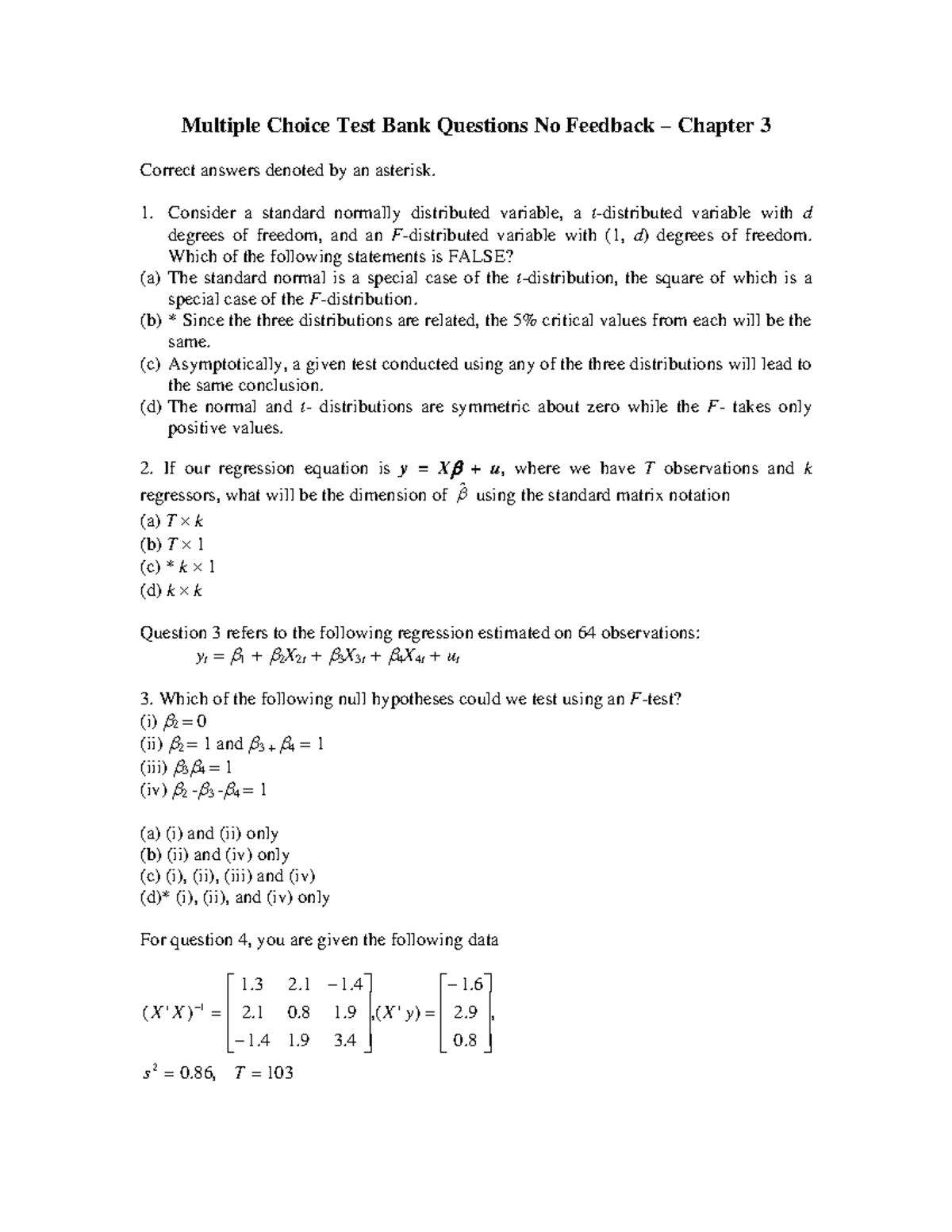 Test Bank Questions for Chapter 3 - Multiple Choice Format - Studocu