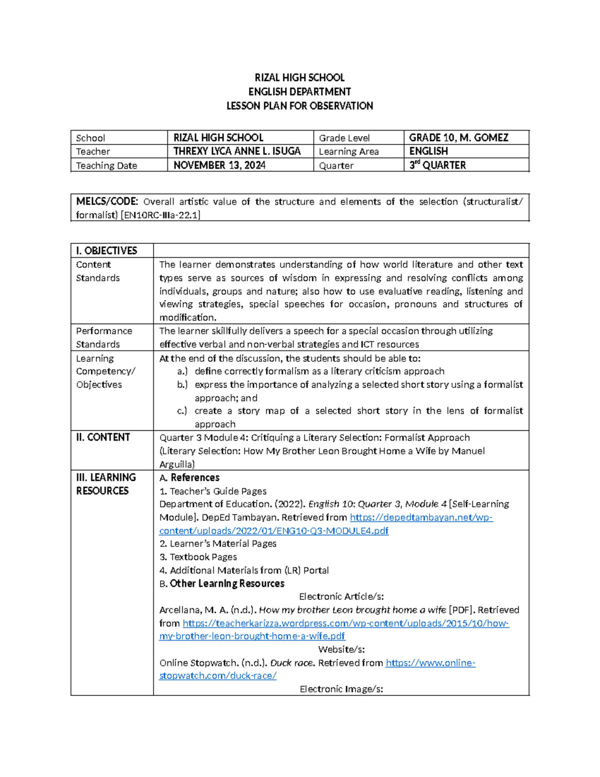 Lesson Plan in Formalism - RIZAL HIGH SCHOOL ENGLISH DEPARTMENT LESSON ...