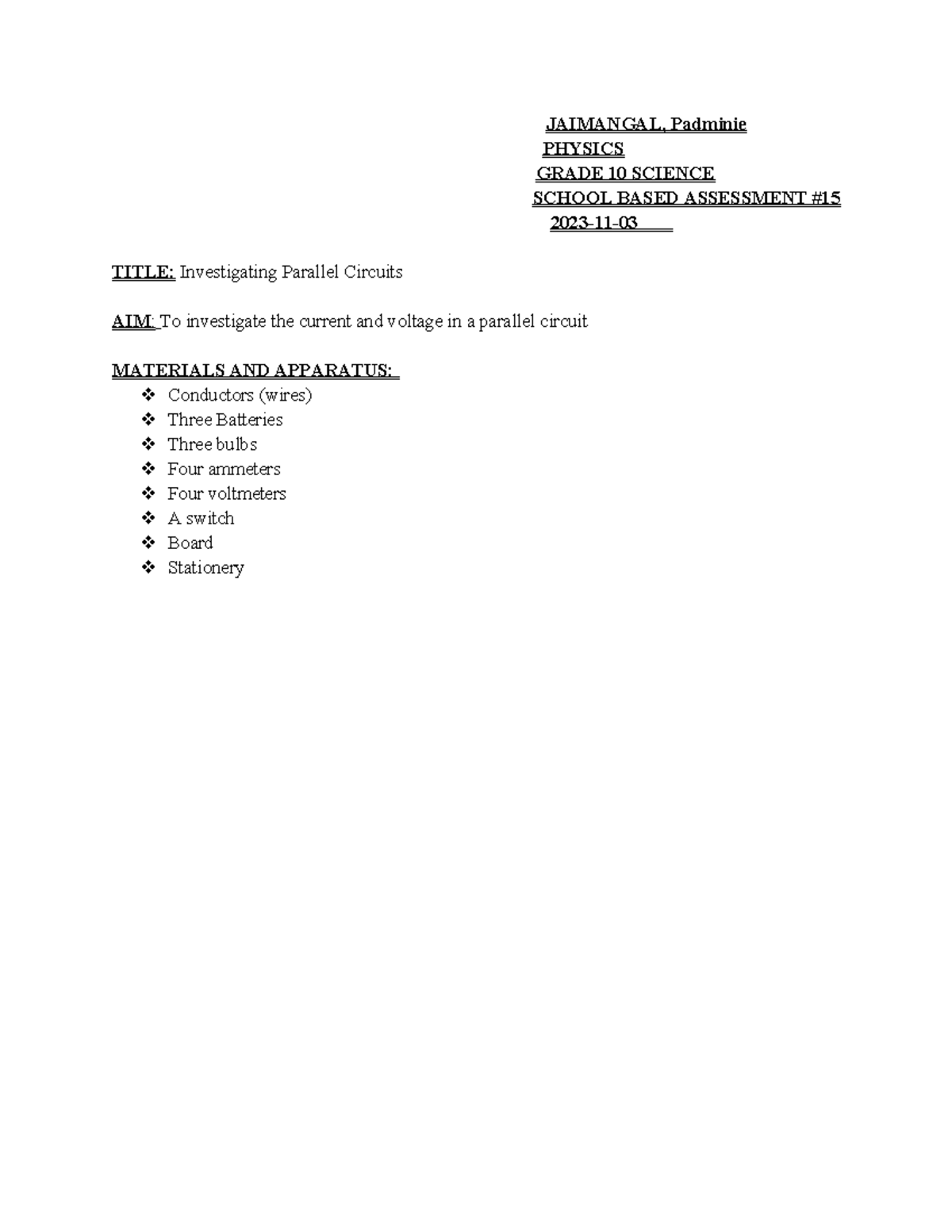 Parallel Circuits SBA 15: Investigation of Current & Voltage in Grade ...