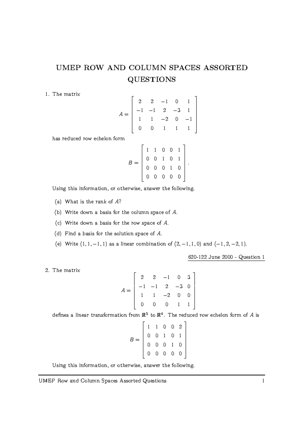 Row and column space problems - UMEP ROW AND COLUMN SPACES ASSORTED ...