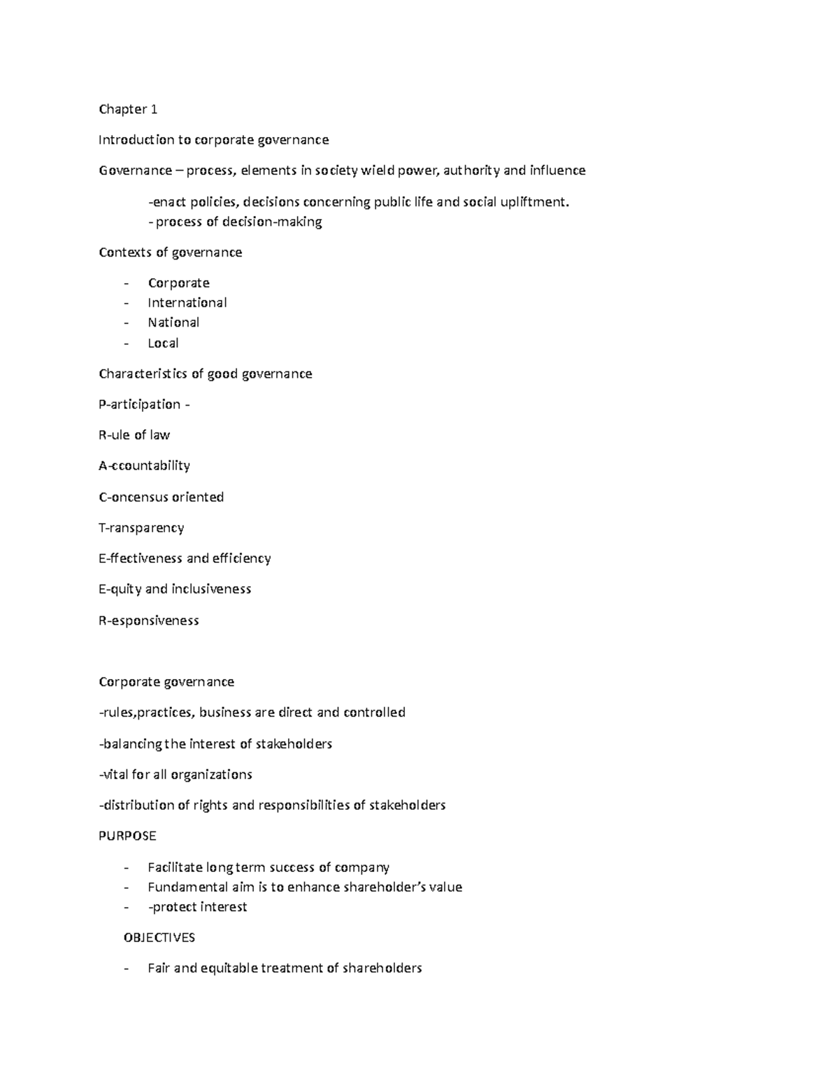 Corpo notes - Chapter 1 Introduction to corporate governance Governance ...