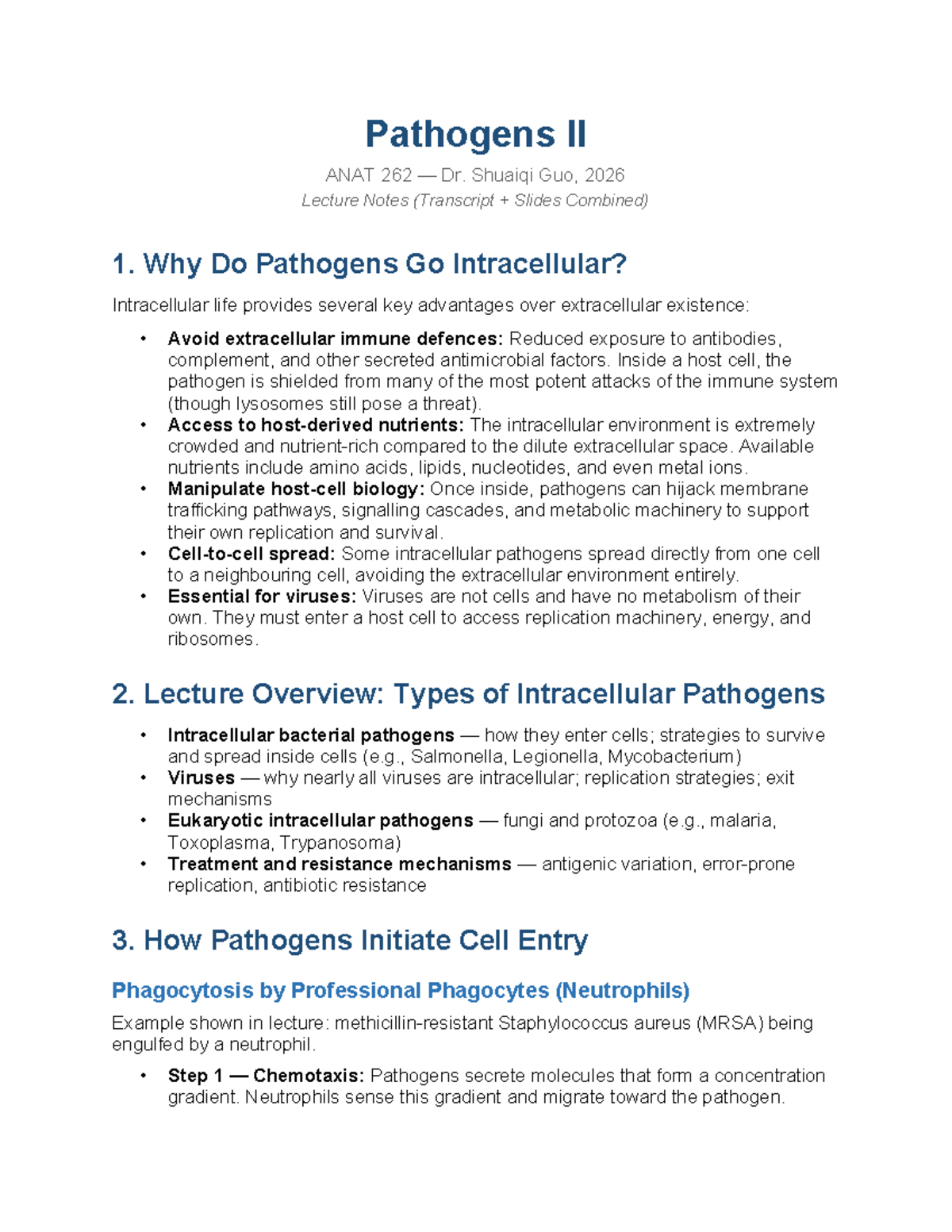 Pathogens II ANAT 262 Dr. Guo 2026 Lecture Notes on Intracellular ...