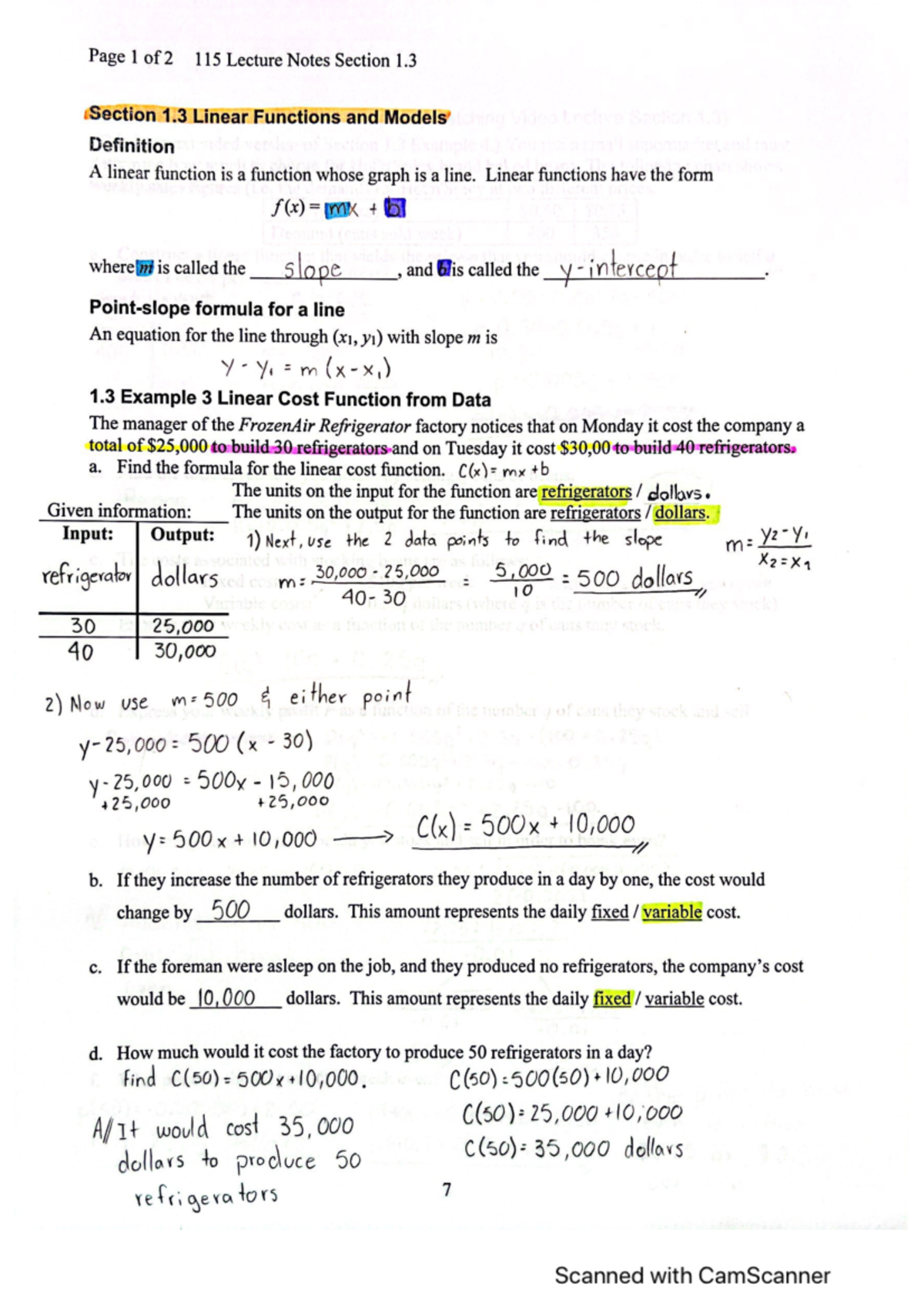 Business Calculus Section 1.3 Linear Functions and Models - Page 1 of 2 ...
