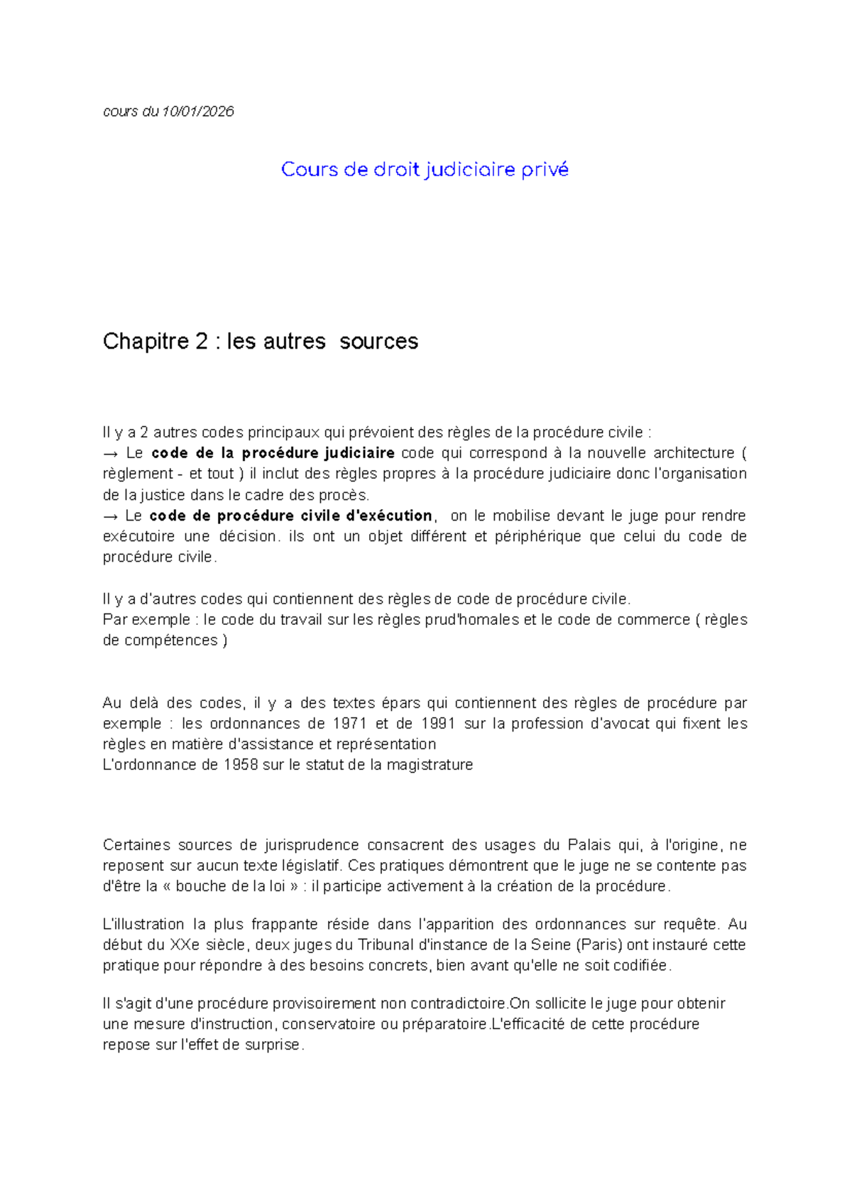 Cours de Droit Judiciaire Privé - Chapitre 2 : Autres Sources et ...