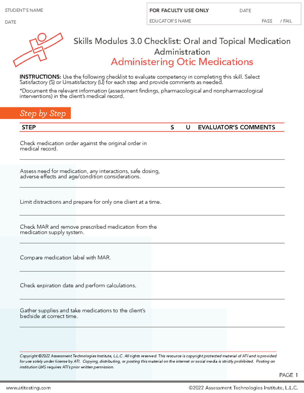 ATI Oral & Topical Meds Admin: Otic Med Checklist for Competency - Studocu