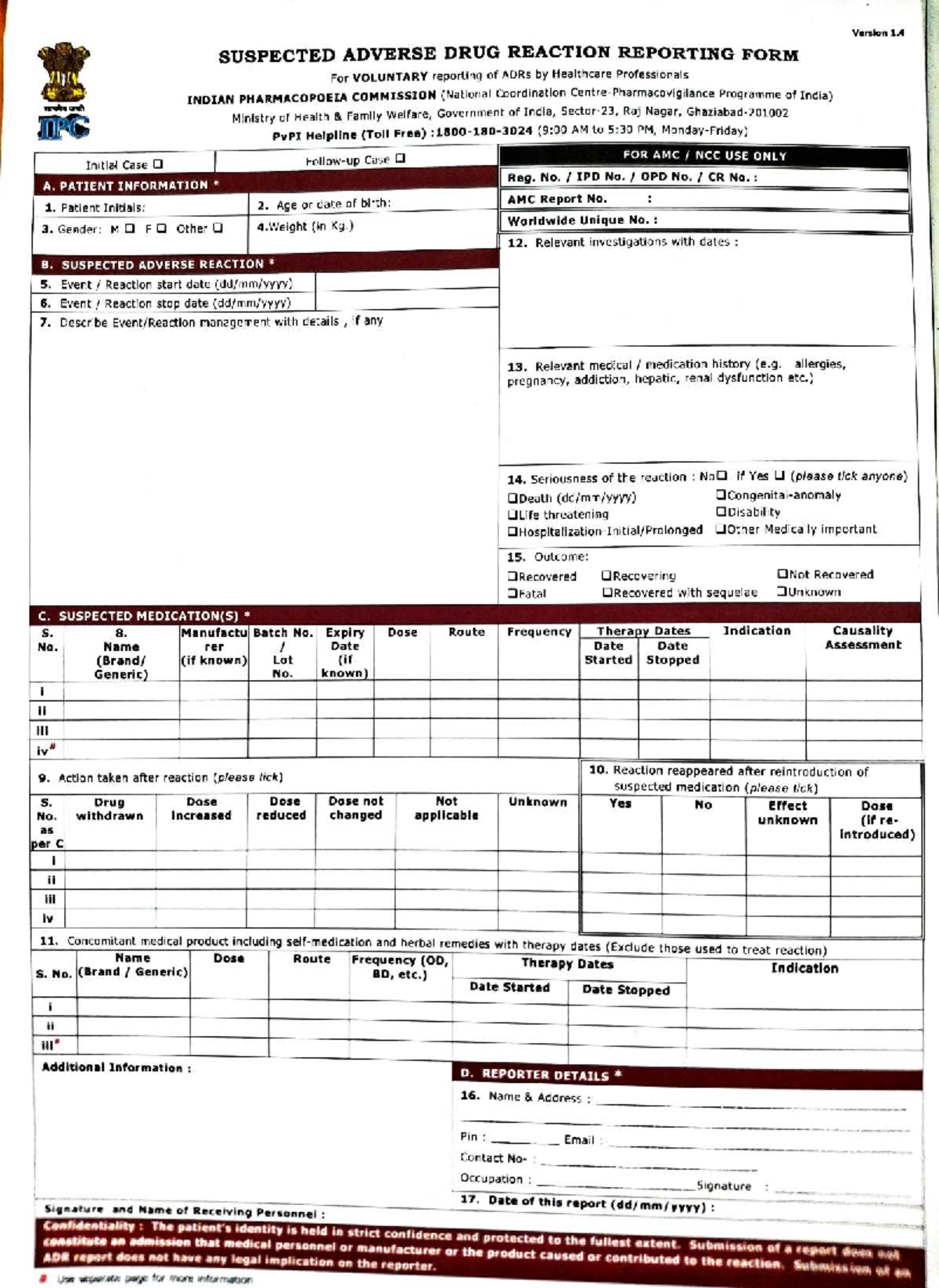 ADR Reporting Form for Voluntary Reporting of ADRs - IPC - Studocu