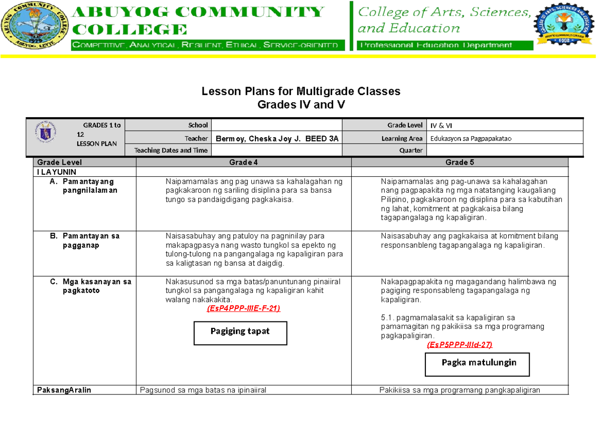 Lesson Plans for Multigrade Classes (EsP4PPP-IIIE-F-21 | EsP5PPP-IIId ...