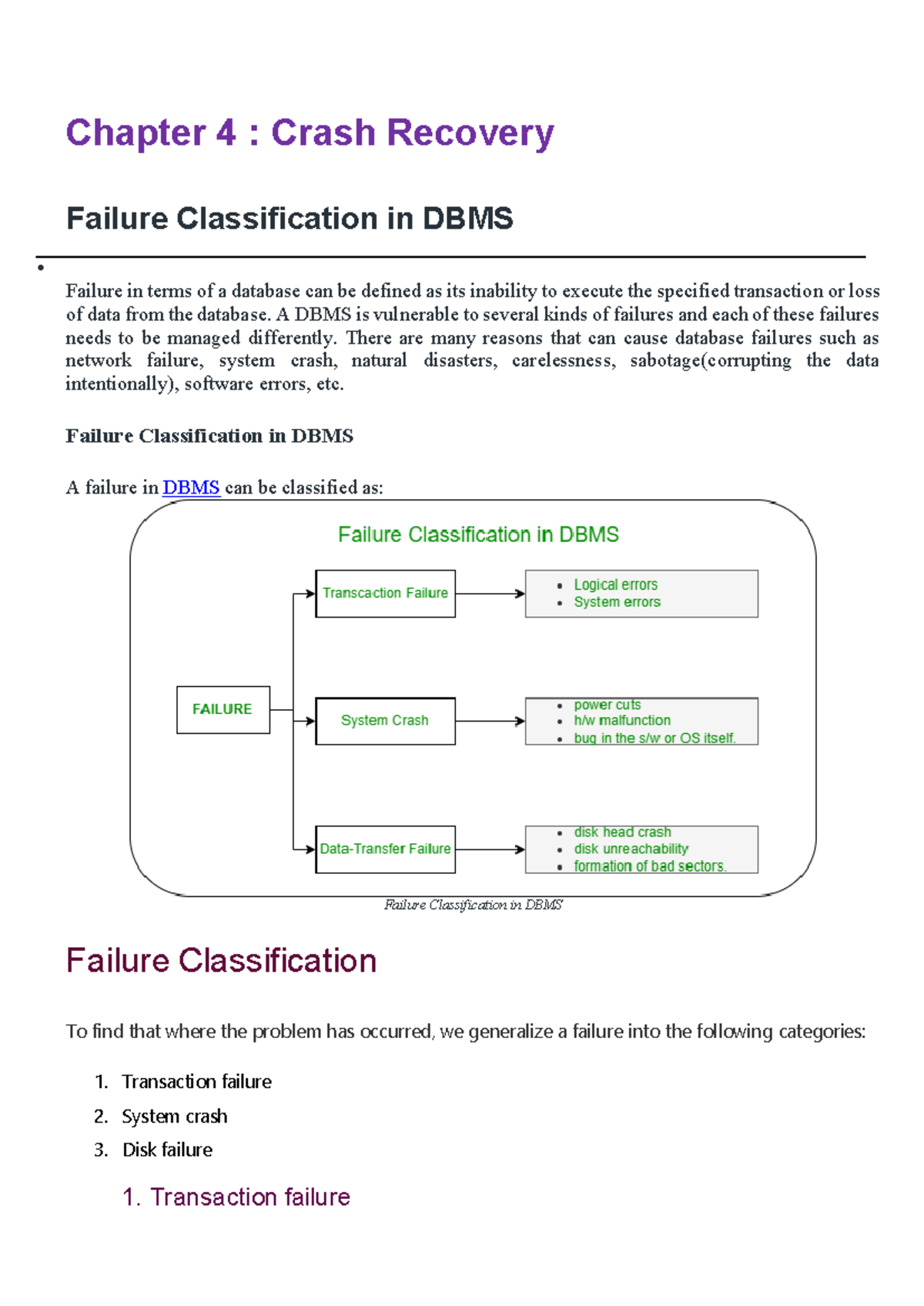 Chapter 4: Crash Recovery and Failure Classification in DBMS - Studocu