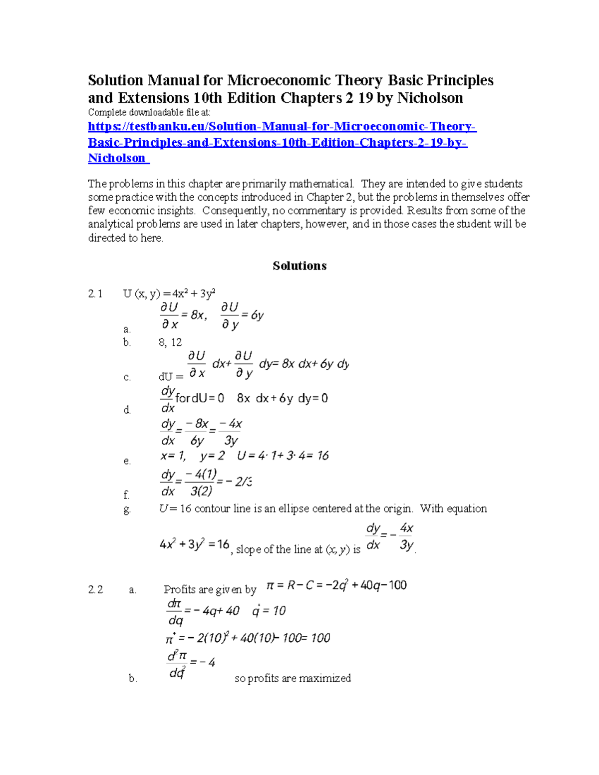 Solution Manual for Microeconomic Theory Basic Principles and Extensions 10th Edition Chapters 2 ...