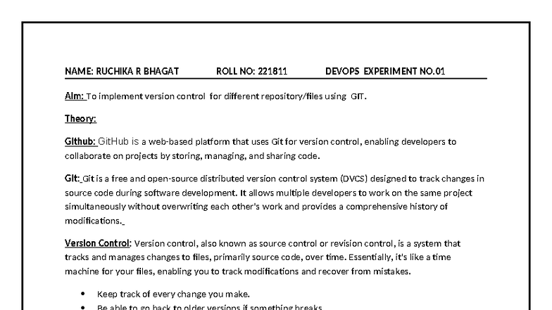 DevOps Experiment No. 01: Implementing Version Control with Git - Studocu