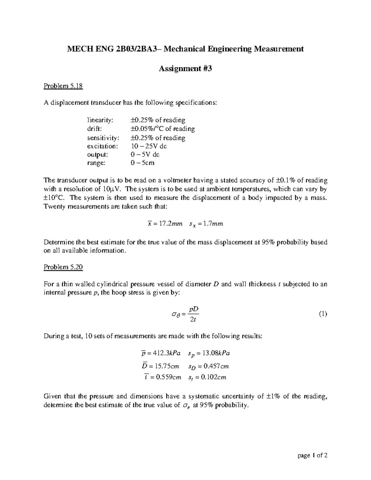 Practice Problems A3 - page 1 of 2 MECH ENG 2B03/2BA3– Mechanical ...