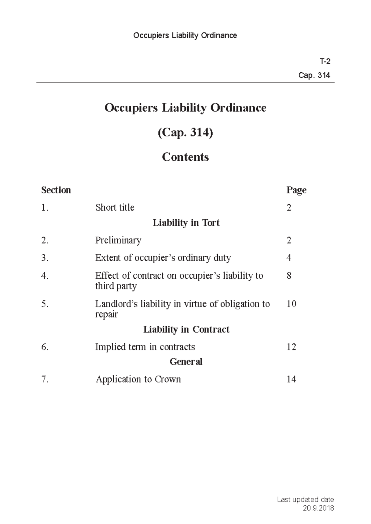 Occupiers Liability Ordinance Cap. 314: Consolidated Overview (2018 ...